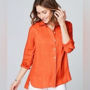 Women's Orange Button-Up Top 100% Linen Button Down Top J Jill EUC
